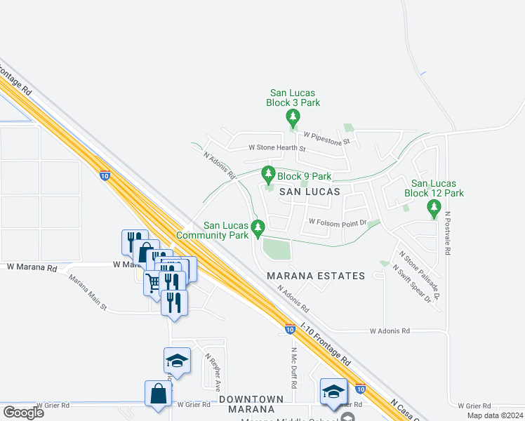 map of restaurants, bars, coffee shops, grocery stores, and more near 14155 North Chaco Journey Avenue in Marana