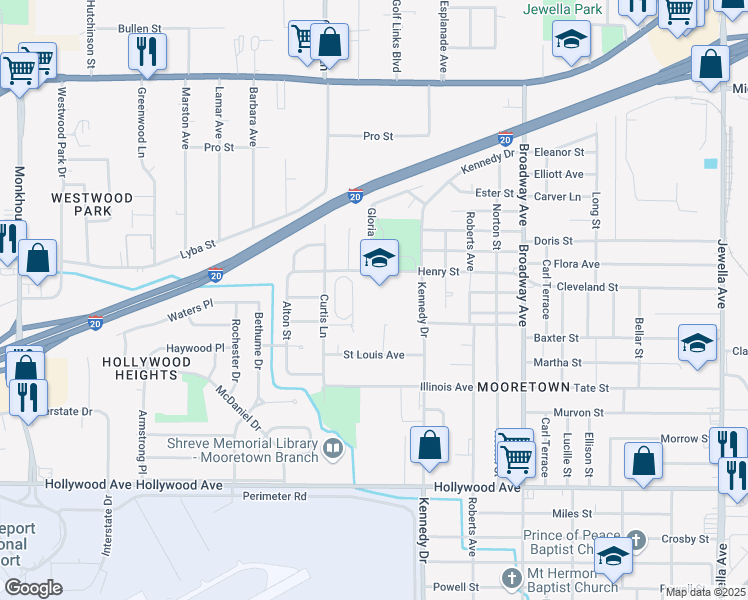 map of restaurants, bars, coffee shops, grocery stores, and more near 4331 Henry Street in Shreveport