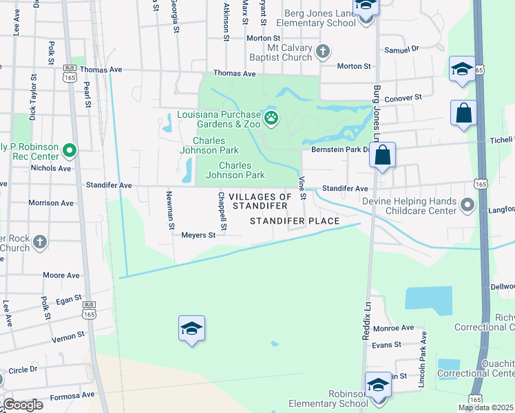 map of restaurants, bars, coffee shops, grocery stores, and more near 100 Meredith Street in Bastrop