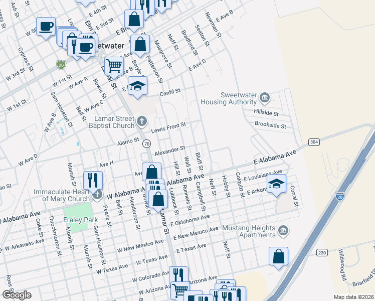 map of restaurants, bars, coffee shops, grocery stores, and more near 708 Bluff Street in Sweetwater