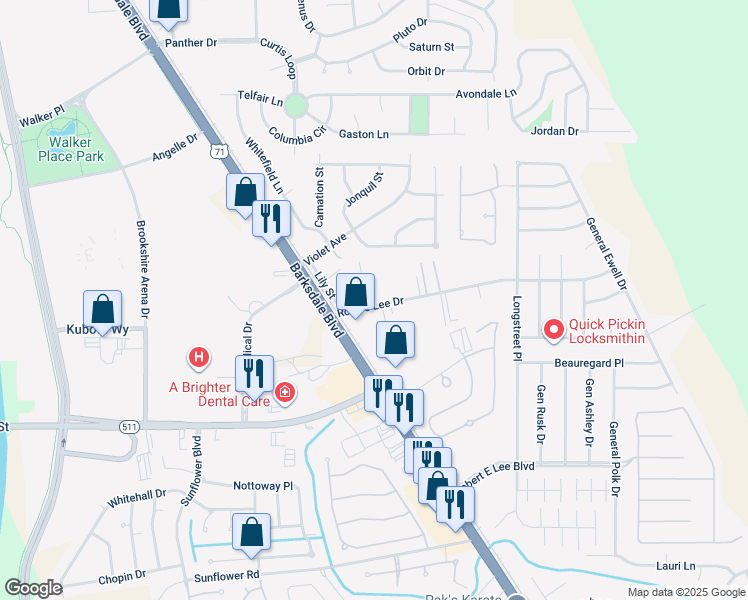 map of restaurants, bars, coffee shops, grocery stores, and more near 1912 Rossie Lee Drive in Bossier City