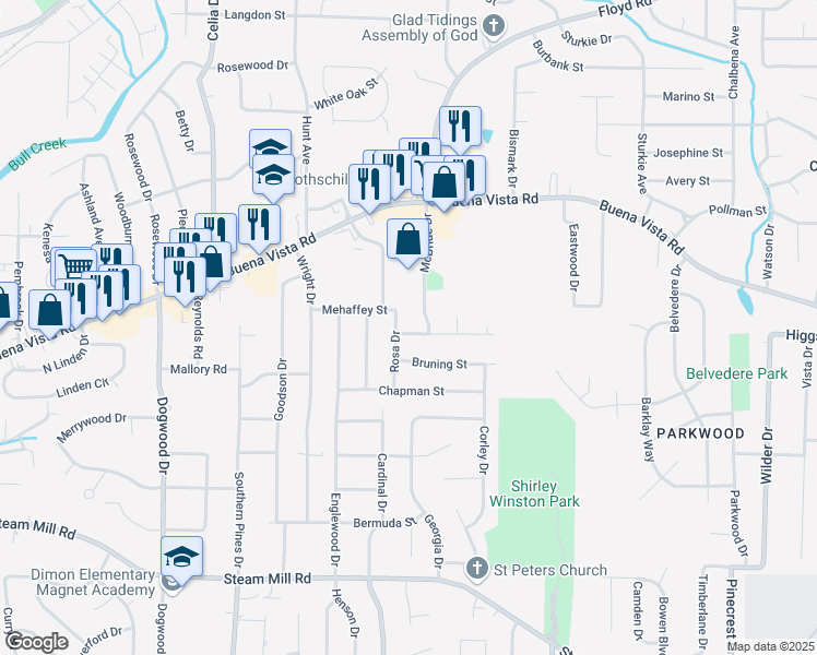 map of restaurants, bars, coffee shops, grocery stores, and more near 4811 Mehaffey Street in Columbus