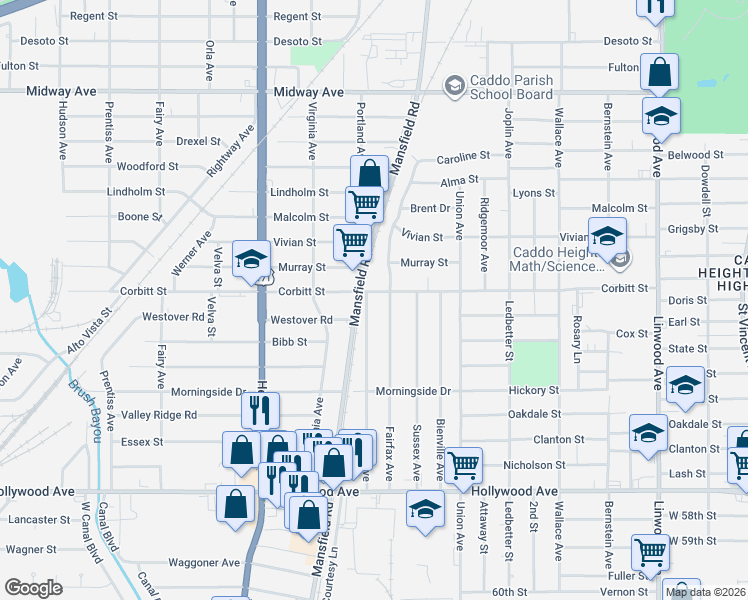 map of restaurants, bars, coffee shops, grocery stores, and more near 5133 Kent Avenue in Shreveport