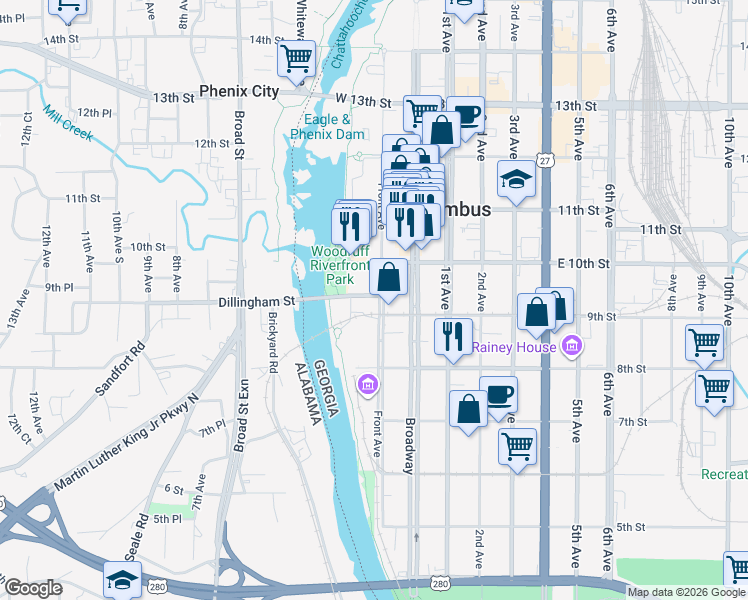 map of restaurants, bars, coffee shops, grocery stores, and more near 901 Front Avenue in Columbus