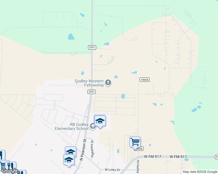map of restaurants, bars, coffee shops, grocery stores, and more near 988 North Pearson Street in Godley
