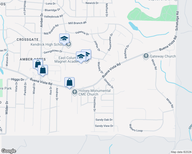 map of restaurants, bars, coffee shops, grocery stores, and more near 6227 Buena Vista Road in Columbus