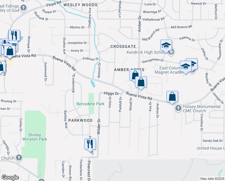 map of restaurants, bars, coffee shops, grocery stores, and more near 5624 Higgs Drive in Columbus