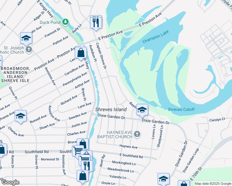 map of restaurants, bars, coffee shops, grocery stores, and more near 1737 Captain Shreve Drive in Shreveport