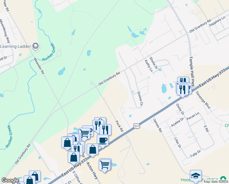 map of restaurants, bars, coffee shops, grocery stores, and more near 132 Donna Circle in Granbury