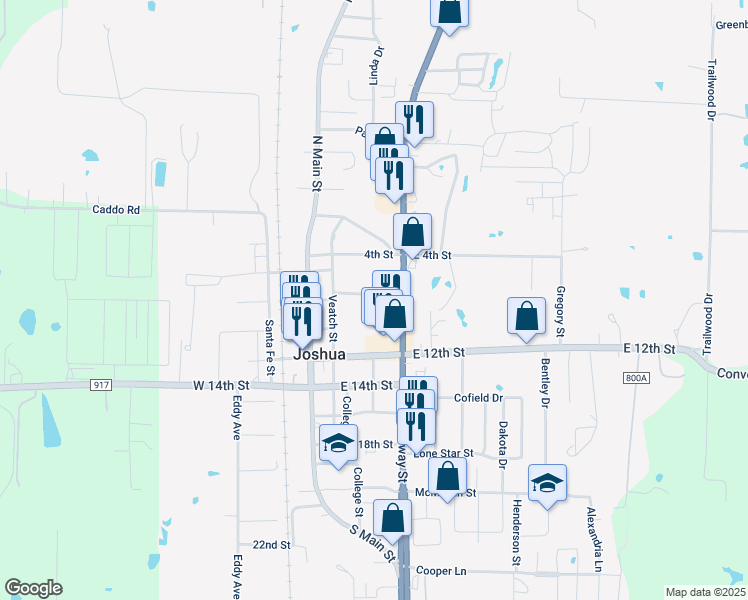 map of restaurants, bars, coffee shops, grocery stores, and more near 216 8th Street in Joshua