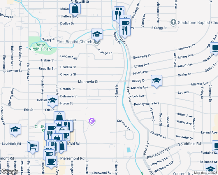 map of restaurants, bars, coffee shops, grocery stores, and more near 428 Ontario Street in Shreveport