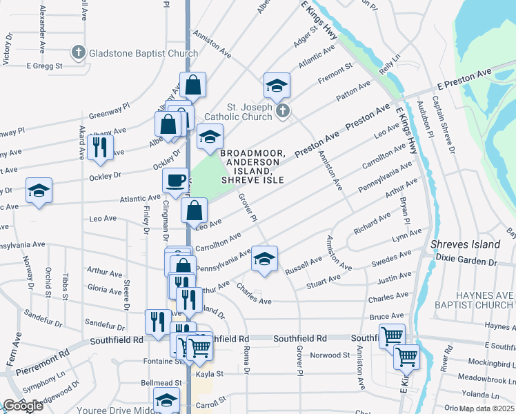 map of restaurants, bars, coffee shops, grocery stores, and more near 7000 Creswell Road in Shreveport