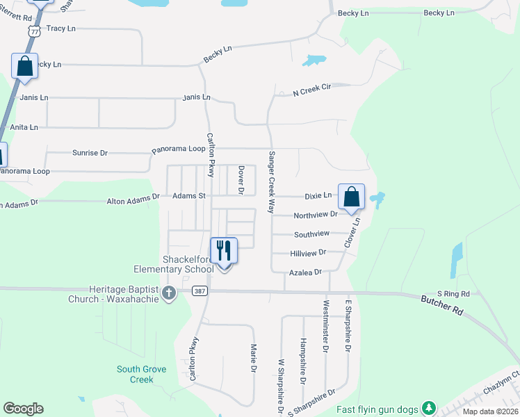 map of restaurants, bars, coffee shops, grocery stores, and more near 222 Chesterfield Circle in Waxahachie