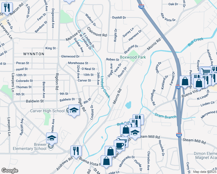 map of restaurants, bars, coffee shops, grocery stores, and more near Decatur Court in Columbus