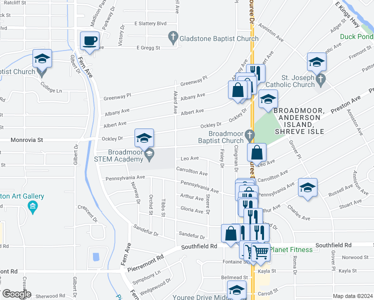 map of restaurants, bars, coffee shops, grocery stores, and more near 369 Atlantic Avenue in Shreveport