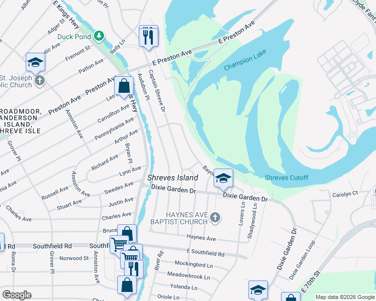 map of restaurants, bars, coffee shops, grocery stores, and more near 1810 Bayou Drive in Shreveport