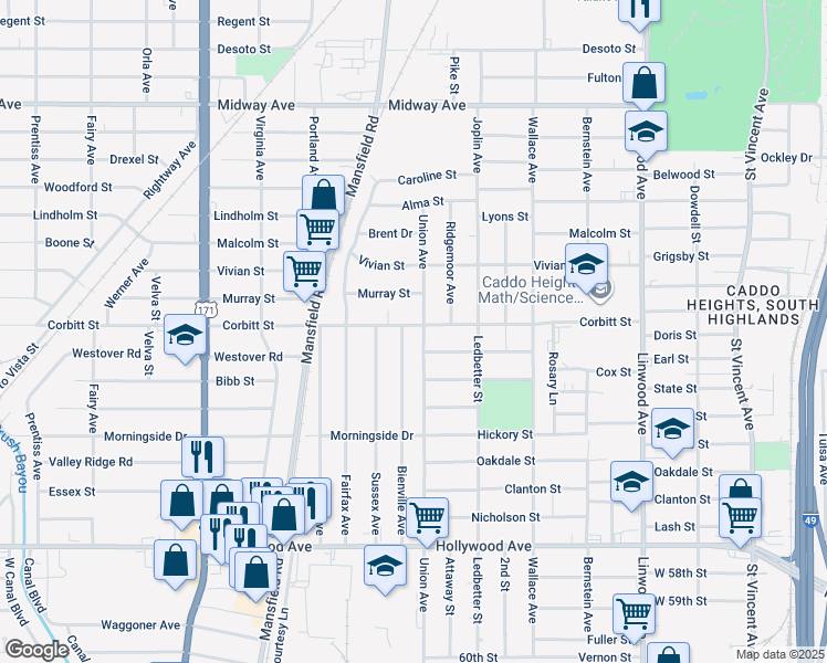 map of restaurants, bars, coffee shops, grocery stores, and more near 2007 Corbitt Street in Shreveport