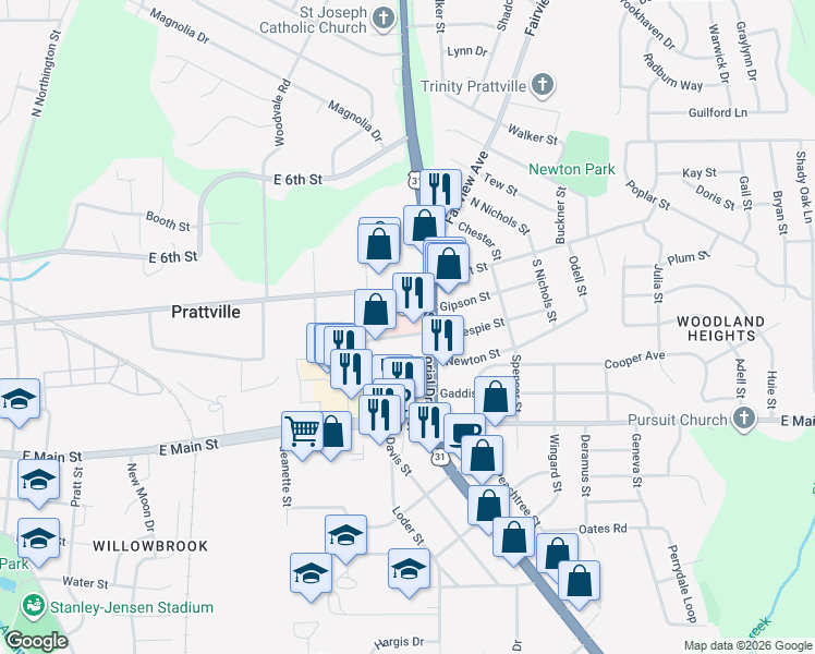 map of restaurants, bars, coffee shops, grocery stores, and more near 850 Gillespie Street in Prattville