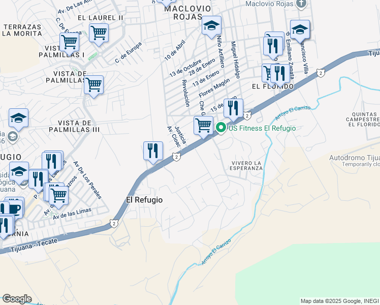 map of restaurants, bars, coffee shops, grocery stores, and more near 4862 Tijuana - Tecate in Tijuana