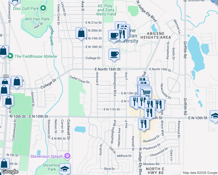 map of restaurants, bars, coffee shops, grocery stores, and more near 773 East North 14th Street in Abilene