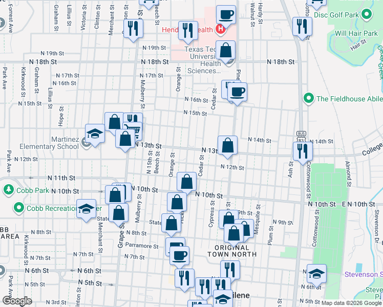 map of restaurants, bars, coffee shops, grocery stores, and more near 1203 Hickory Street in Abilene