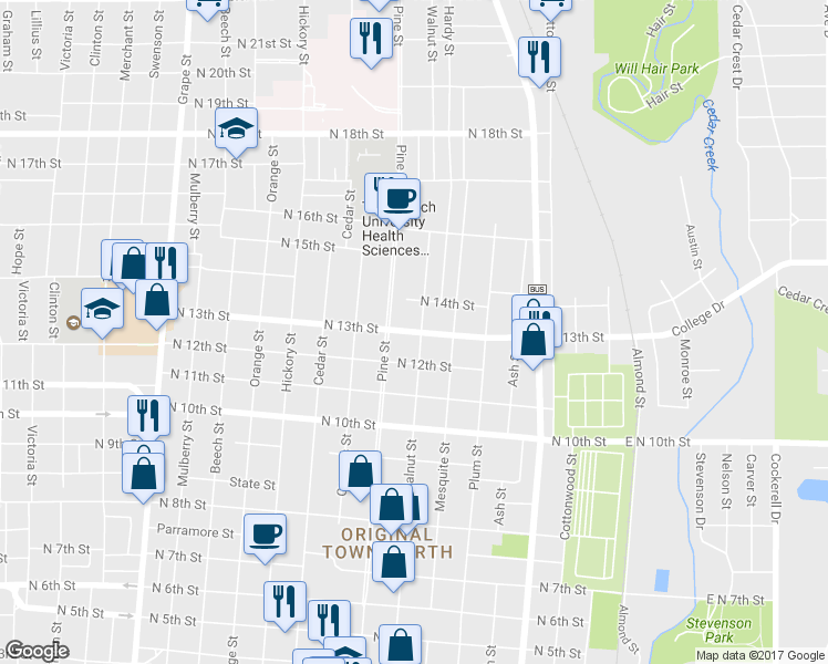 map of restaurants, bars, coffee shops, grocery stores, and more near 1233 Walnut Street in Abilene