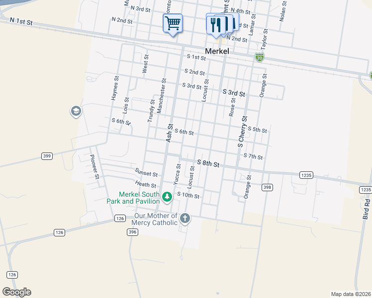 map of restaurants, bars, coffee shops, grocery stores, and more near 1212 South 8th Street in Merkel