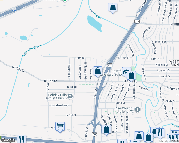 map of restaurants, bars, coffee shops, grocery stores, and more near 1042 North Alameda Road in Abilene