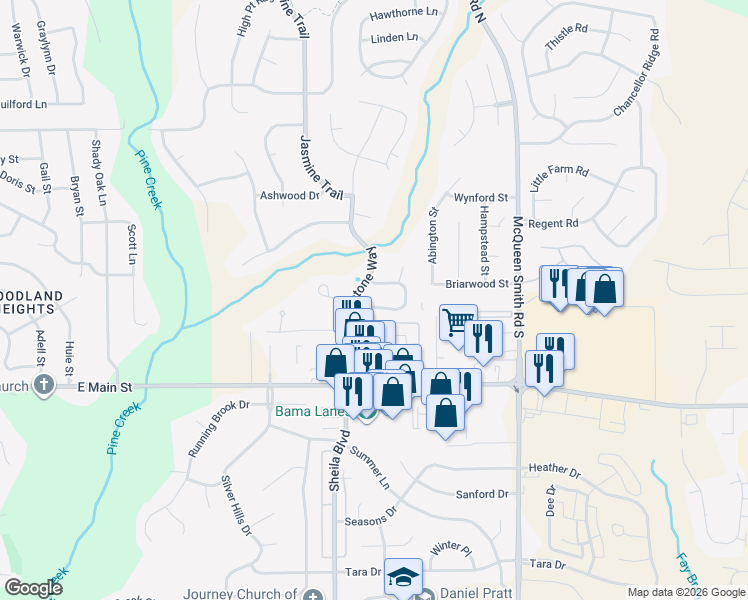 map of restaurants, bars, coffee shops, grocery stores, and more near 1710 Twelve Oaks Lane in Prattville
