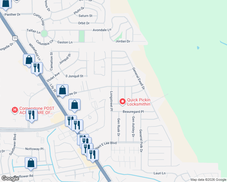 map of restaurants, bars, coffee shops, grocery stores, and more near 4810 Jeb Stuart Place in Bossier City