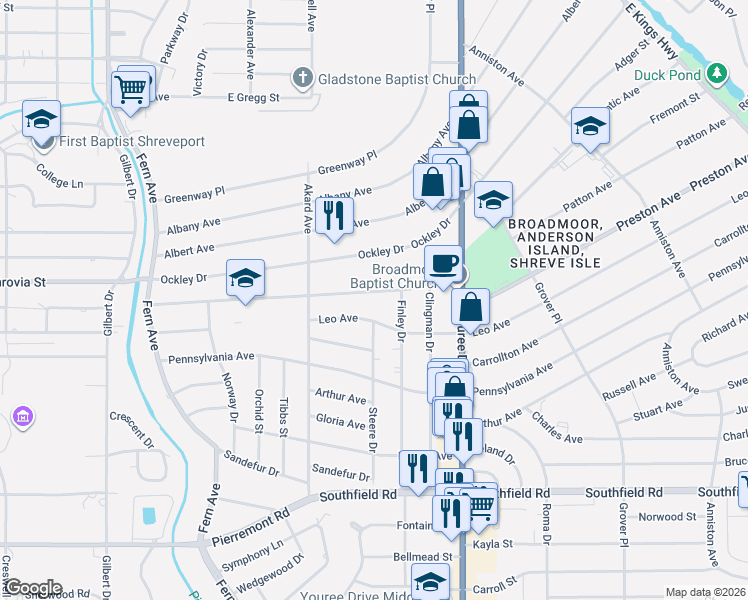 map of restaurants, bars, coffee shops, grocery stores, and more near 352 Leo Avenue in Shreveport