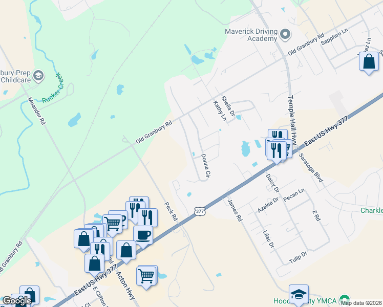 map of restaurants, bars, coffee shops, grocery stores, and more near 119 Donna Circle in Granbury
