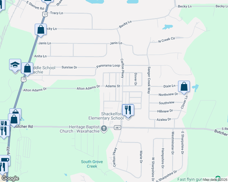 map of restaurants, bars, coffee shops, grocery stores, and more near 104 Monarch Court in Waxahachie