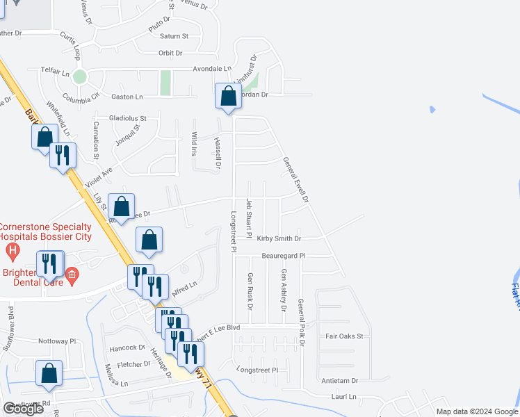 map of restaurants, bars, coffee shops, grocery stores, and more near 4804 General Scott Place in Bossier City