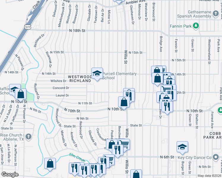 map of restaurants, bars, coffee shops, grocery stores, and more near 1164 Minter Lane in Abilene