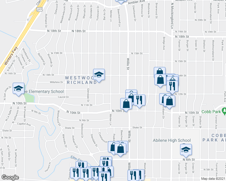 map of restaurants, bars, coffee shops, grocery stores, and more near 1221 Minter Lane in Abilene