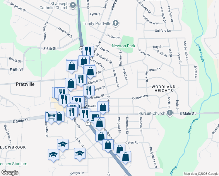 map of restaurants, bars, coffee shops, grocery stores, and more near 979 Newton Street in Prattville
