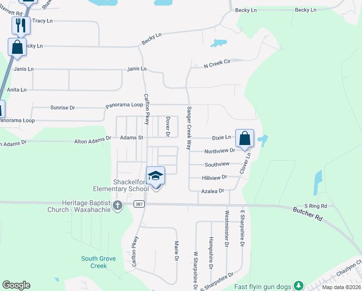 map of restaurants, bars, coffee shops, grocery stores, and more near 216 Chesterfield Circle in Waxahachie