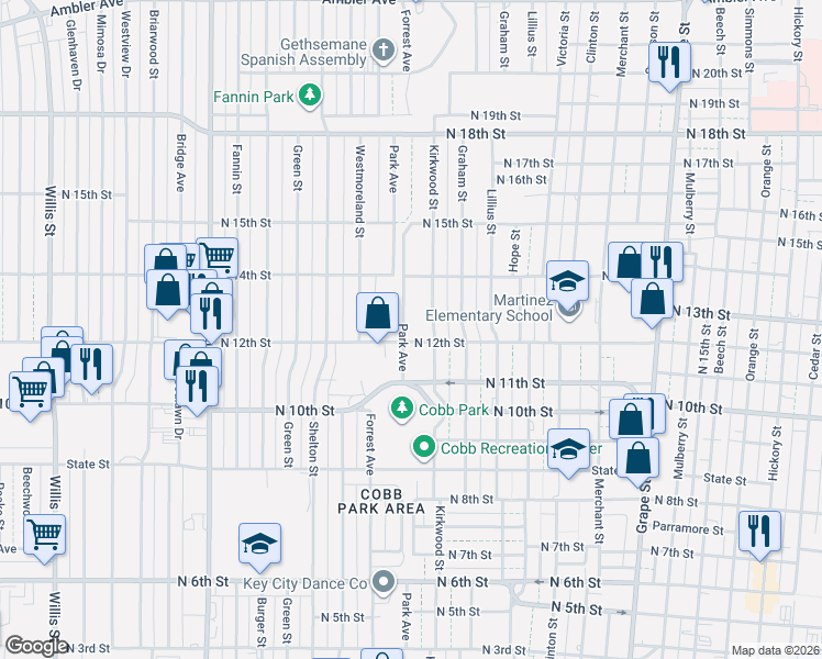map of restaurants, bars, coffee shops, grocery stores, and more near 1157 Park Avenue in Abilene