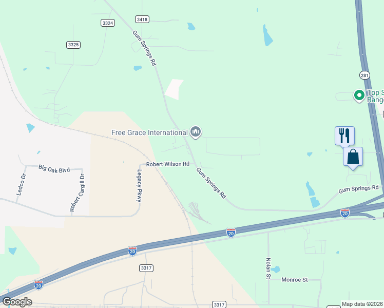 map of restaurants, bars, coffee shops, grocery stores, and more near 1222-1224 Robert Wilson Road in Longview