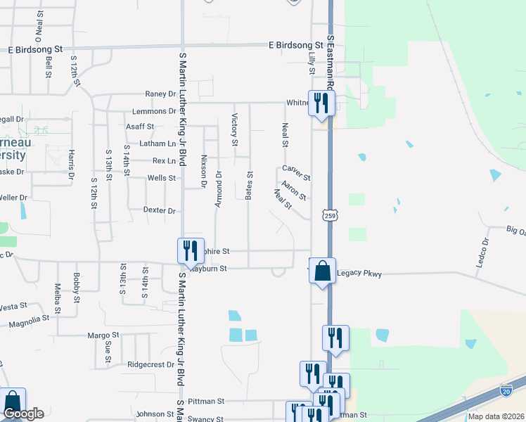 map of restaurants, bars, coffee shops, grocery stores, and more near 2338 1/2 Bates Street in Longview