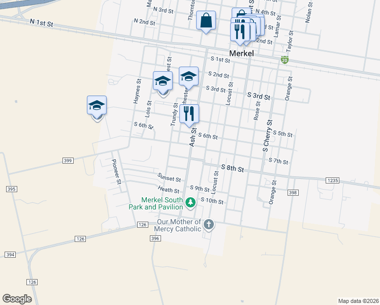 map of restaurants, bars, coffee shops, grocery stores, and more near 801 Ash Street in Merkel