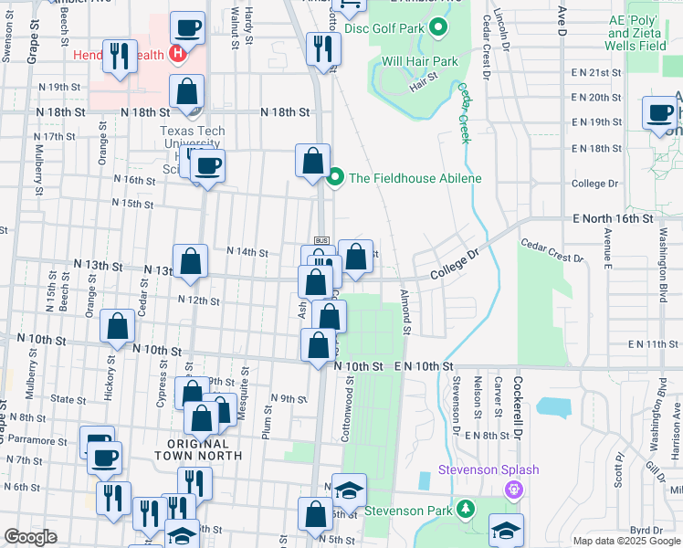 map of restaurants, bars, coffee shops, grocery stores, and more near 318 North 13th Street in Abilene
