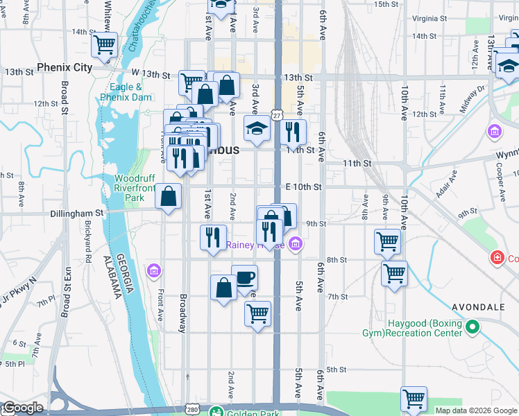 map of restaurants, bars, coffee shops, grocery stores, and more near 301-399 9th St in Columbus