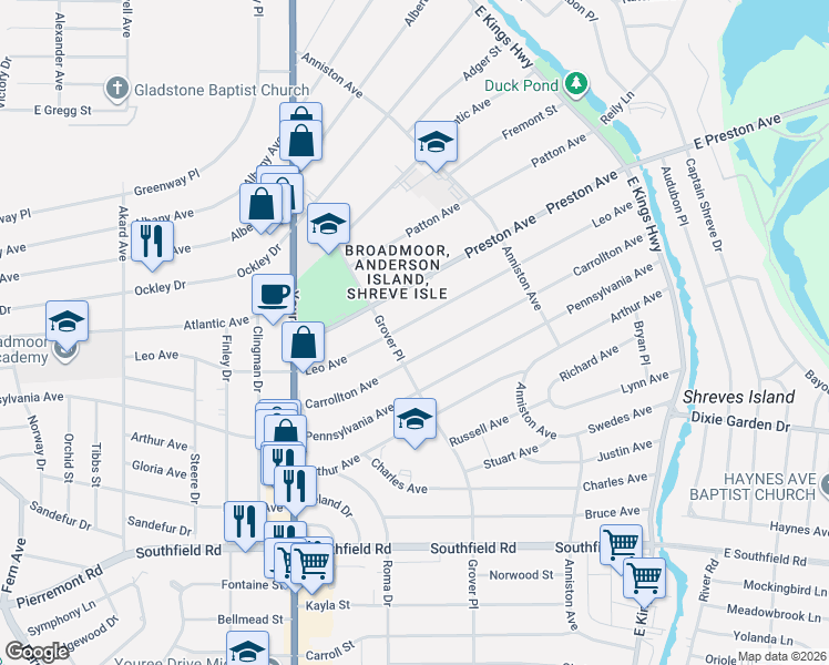 map of restaurants, bars, coffee shops, grocery stores, and more near 248 Carrollton Avenue in Shreveport