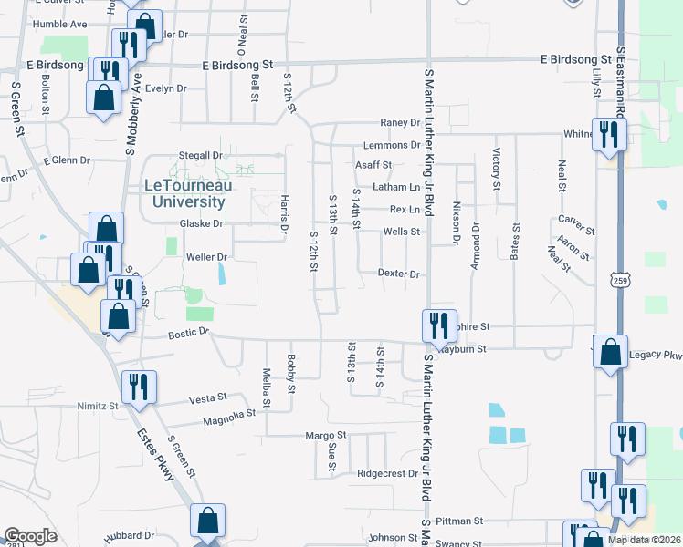 map of restaurants, bars, coffee shops, grocery stores, and more near 2400 South 13th Street in Longview