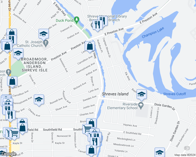 map of restaurants, bars, coffee shops, grocery stores, and more near 1820 East Kings Highway in Shreveport