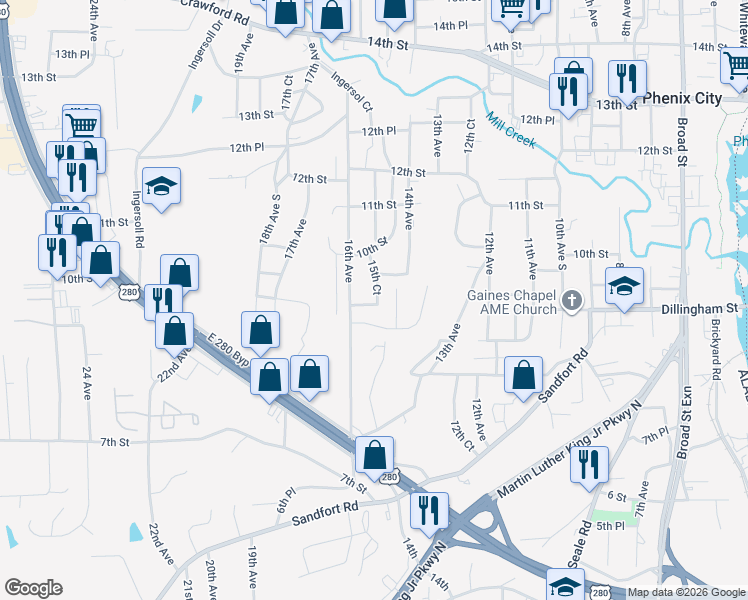 map of restaurants, bars, coffee shops, grocery stores, and more near 1501 Adie Street in Phenix City