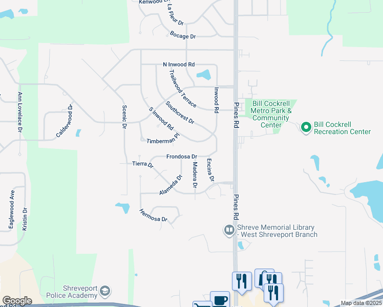 map of restaurants, bars, coffee shops, grocery stores, and more near 6308 Frondosa Drive in Shreveport