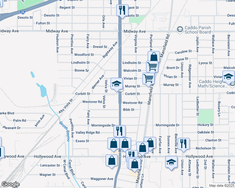 map of restaurants, bars, coffee shops, grocery stores, and more near 2715 Corbitt Street in Shreveport
